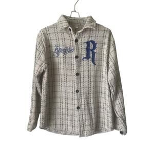 Checkered Flannel Long Sleeve Women’s Shirt Cream Blue Embroidered Size L